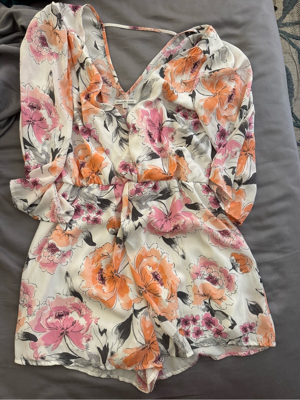 Charlotte Russe Cream Floral V-Neck Romper with Pink & Orange Blooms